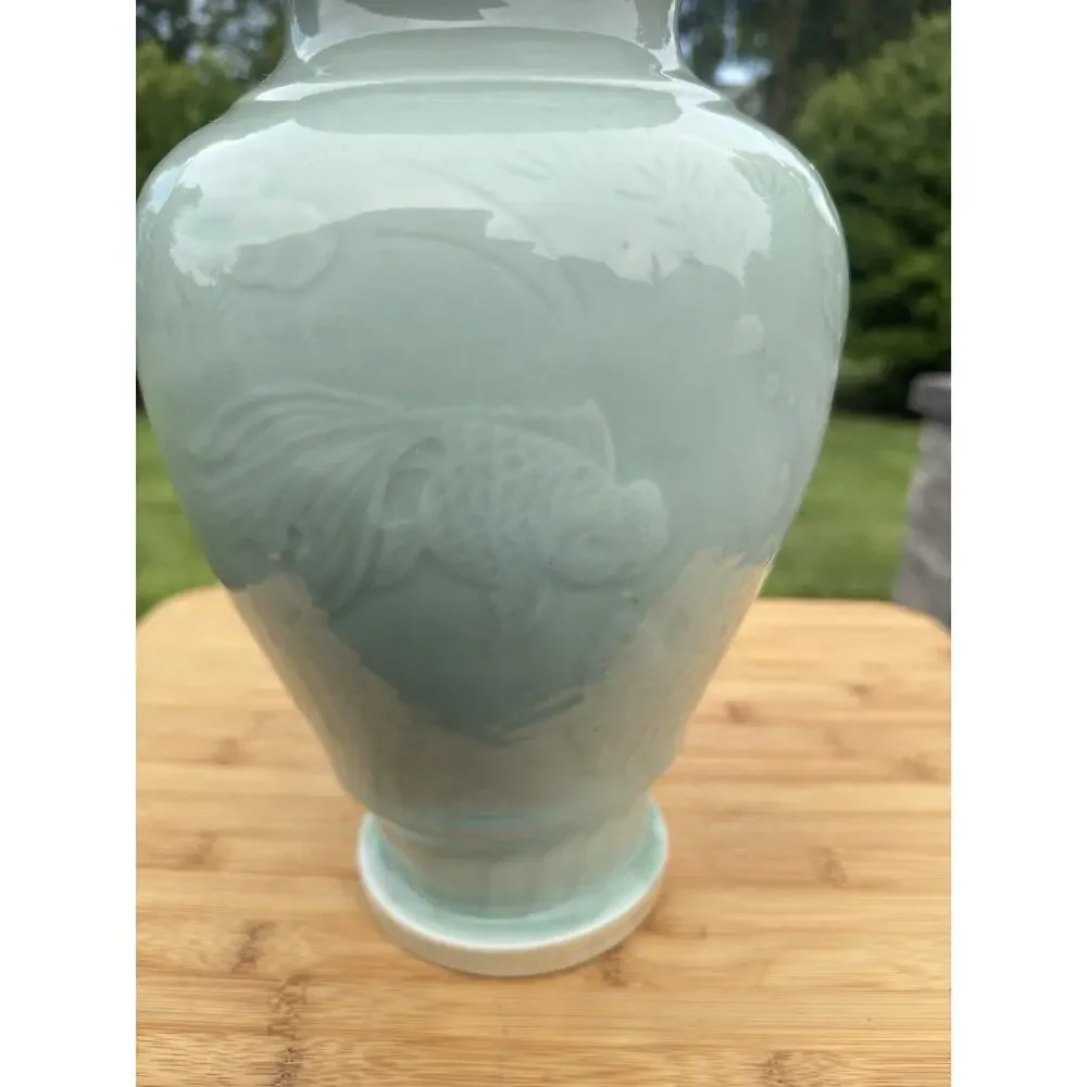 Vintage Large Chinese Celadon Relief Green Fish Vase 11.5” Tall X 7” Wide